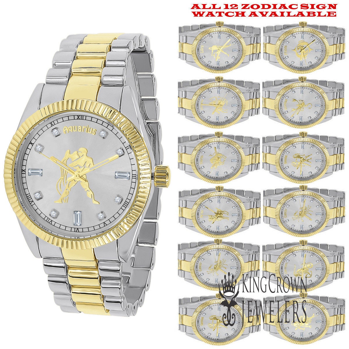 14K Gold Finish Zodiac Sign Aquarius Water Astrology Horoscope 5 ATM Water Resistant Metal Band Presidential Unisex Custom Watch 40mm