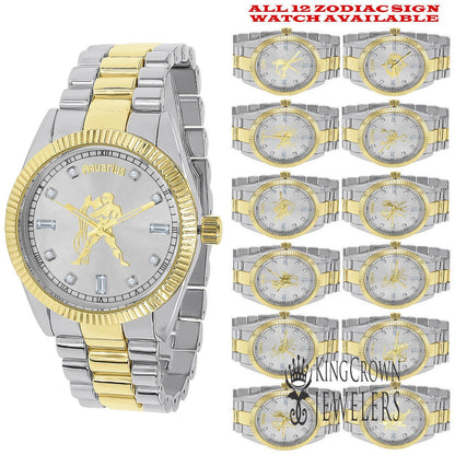 14K Gold Finish Zodiac Sign Aquarius Water Astrology Horoscope 5 ATM Water Resistant Metal Band Presidential Unisex Custom Watch 40mm
