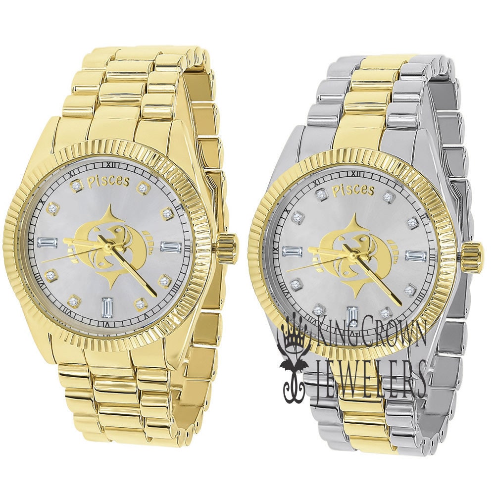 14K Gold Finish Zodiac Sign Pisces Water Fish Astrology Horoscope 5 ATM Water Resistant Metal Band Presidential Unisex Custom Watch 40mm