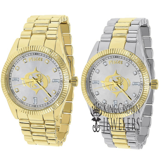 14K Gold Finish Zodiac Sign Pisces Water Fish Astrology Horoscope 5 ATM Water Resistant Metal Band Presidential Unisex Custom Watch 40mm