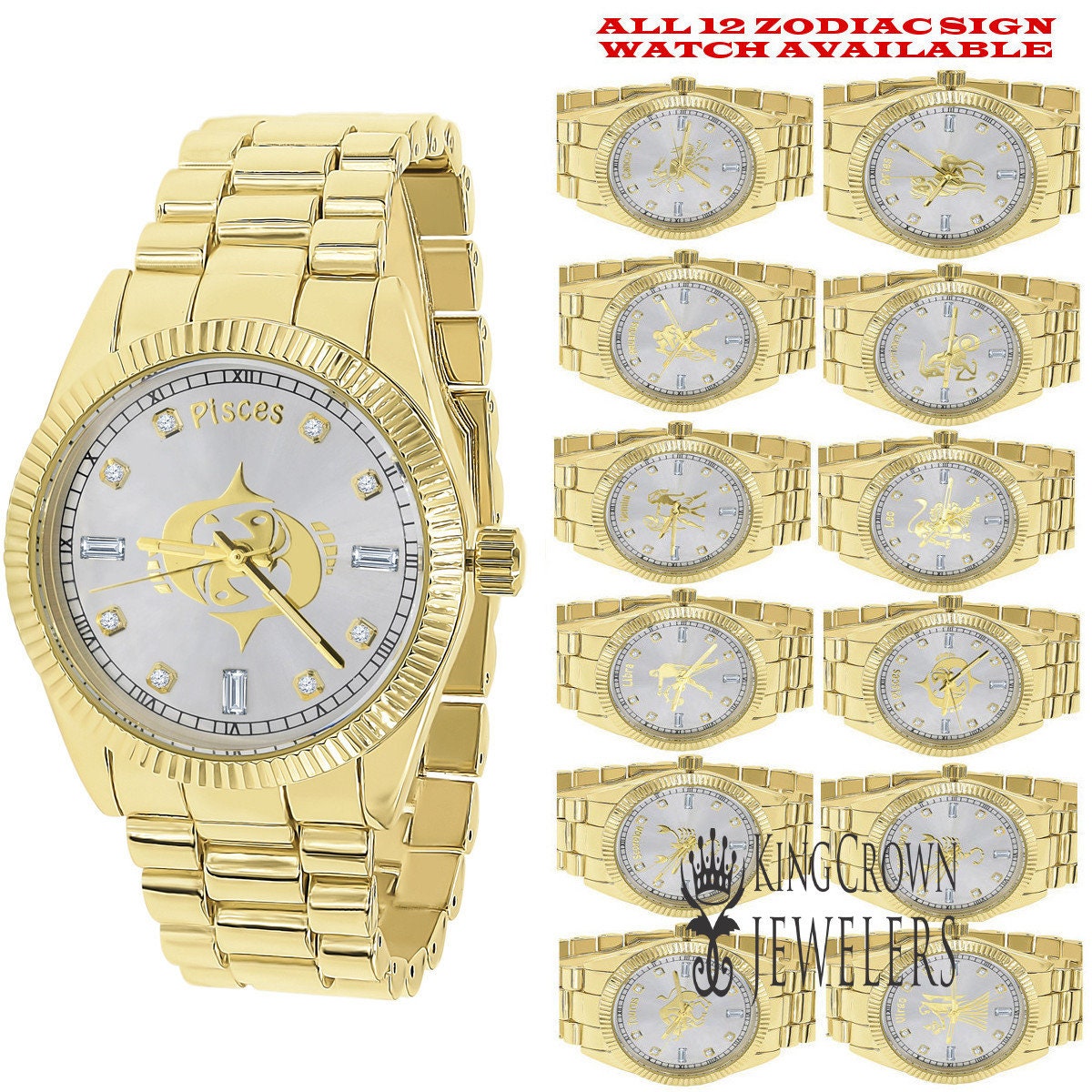 14K Gold Finish Zodiac Sign Pisces Water Fish Astrology Horoscope 5 ATM Water Resistant Metal Band Presidential Unisex Custom Watch 40mm