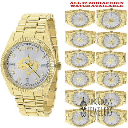 14K Gold Finish Zodiac Sign Pisces Water Fish Astrology Horoscope 5 ATM Water Resistant Metal Band Presidential Unisex Custom Watch 40mm