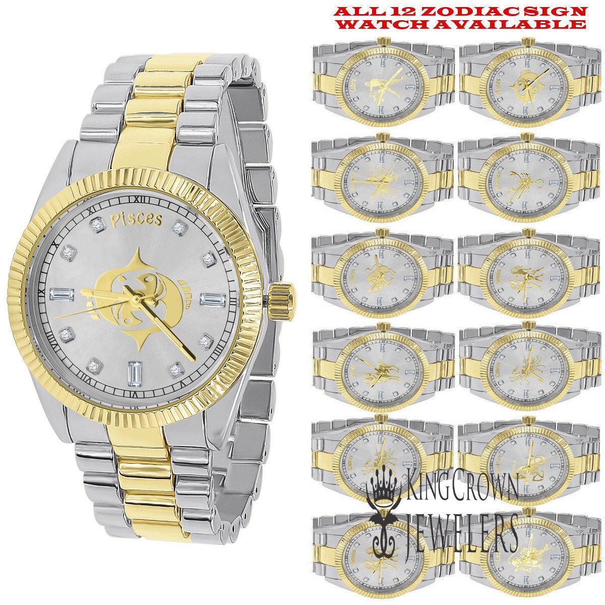 14K Gold Finish Zodiac Sign Pisces Water Fish Astrology Horoscope 5 ATM Water Resistant Metal Band Presidential Unisex Custom Watch 40mm