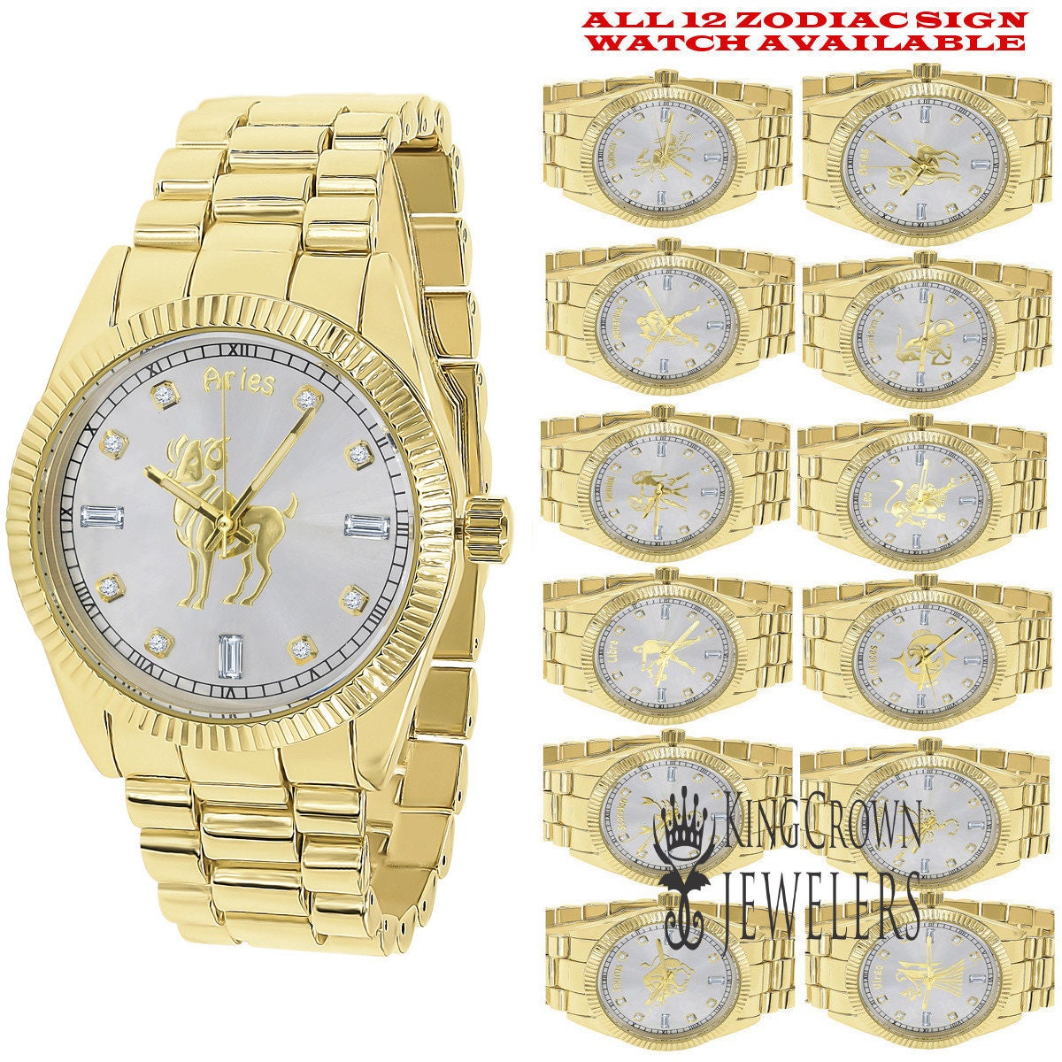 14K Gold Finish Zodiac Sign Aries Ram Astrology Horoscope 5 ATM Water Resistant Metal Band Presidential Unisex Custom Watch 40mm