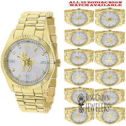 14K Gold Finish Zodiac Sign Aries Ram Astrology Horoscope 5 ATM Water Resistant Metal Band Presidential Unisex Custom Watch 40mm