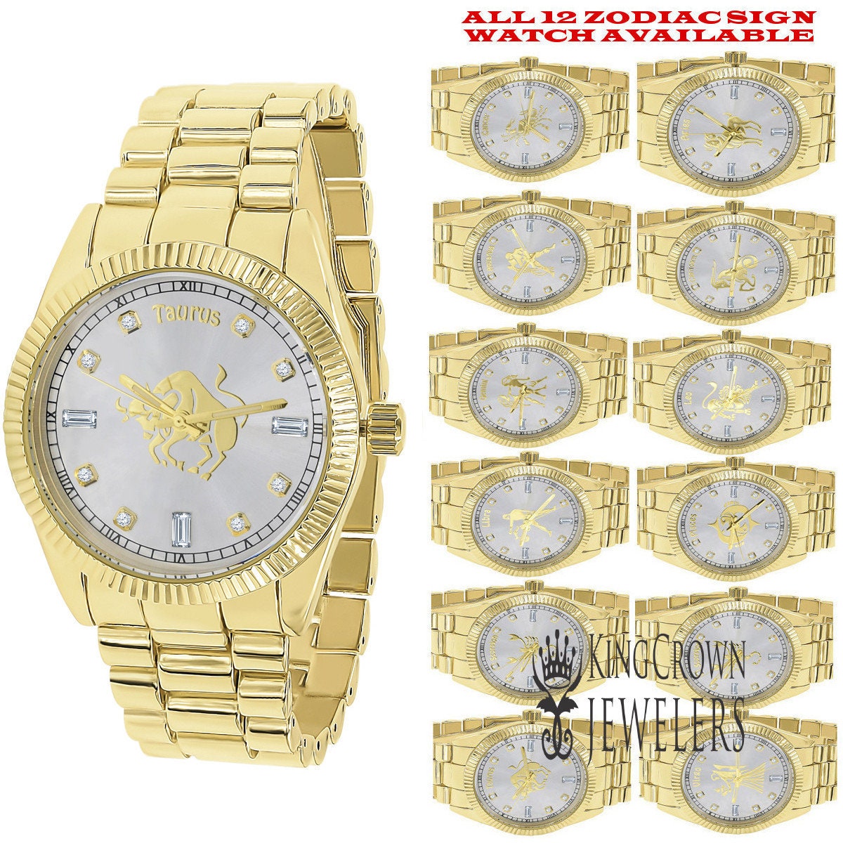 14K Gold Finish Zodiac Sign Taurus Bull Astrology Horoscope 5 ATM Water Resistant Metal Band Presidential Unisex Custom Watch 40mm