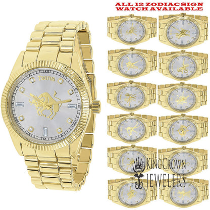 14K Gold Finish Zodiac Sign Taurus Bull Astrology Horoscope 5 ATM Water Resistant Metal Band Presidential Unisex Custom Watch 40mm