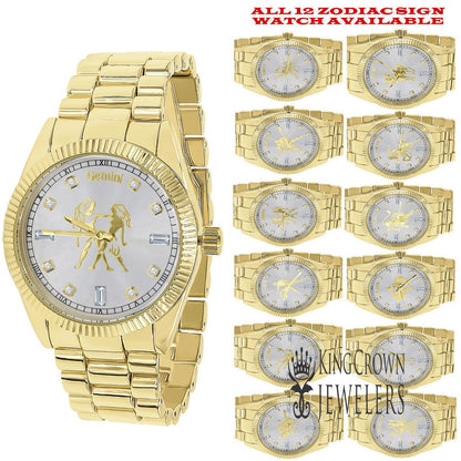 14K Gold Finish Zodiac Sign Gemini Twins Astrology Horoscope 5 ATM Water Resistant Metal Band Presidential Unisex Custom Watch 40mm