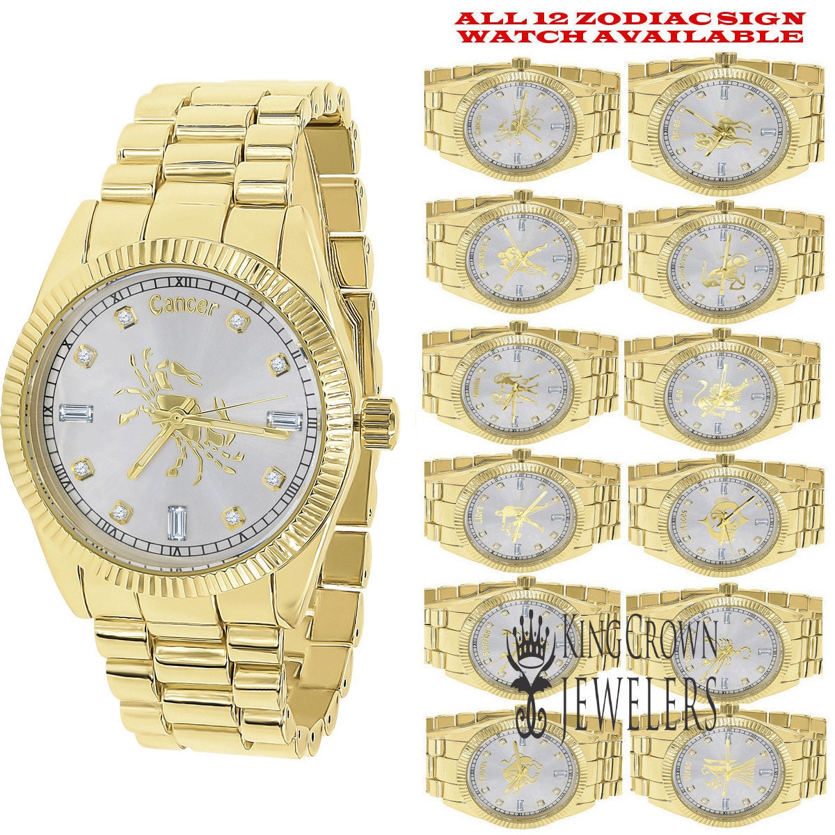 14K Gold Finish Zodiac Sign Cancer Crab Astrology Horoscope 5 ATM Water Resistant Metal Band Presidential Unisex Custom Watch 40mm
