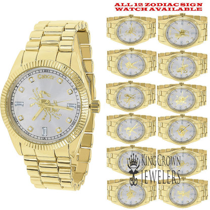 14K Gold Finish Zodiac Sign Cancer Crab Astrology Horoscope 5 ATM Water Resistant Metal Band Presidential Unisex Custom Watch 40mm