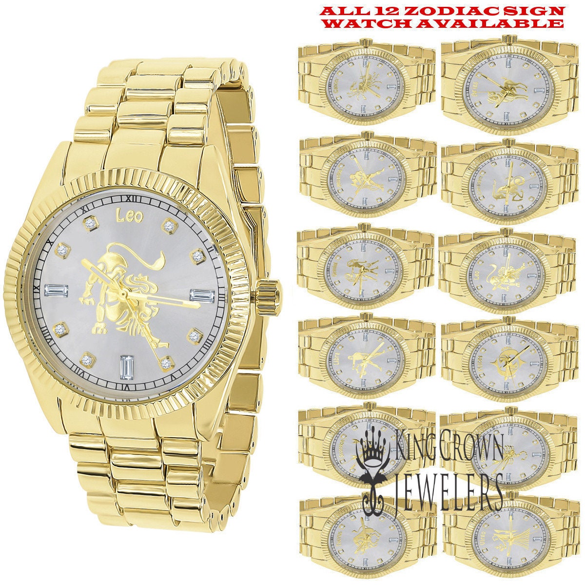 14K Gold Finish Zodiac Sign Leo Lion King Astrology Horoscope 5 ATM Water Resistant Metal Band Presidential Unisex Custom Watch 40mm