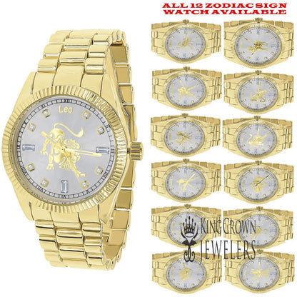14K Gold Finish Zodiac Sign Leo Lion King Astrology Horoscope 5 ATM Water Resistant Metal Band Presidential Unisex Custom Watch 40mm