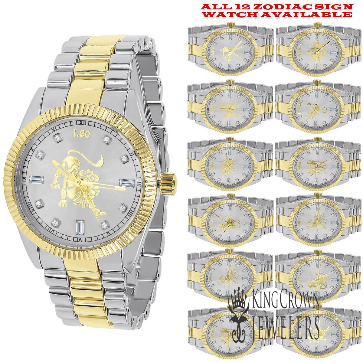 14K Gold Finish Zodiac Sign Leo Lion King Astrology Horoscope 5 ATM Water Resistant Metal Band Presidential Unisex Custom Watch 40mm