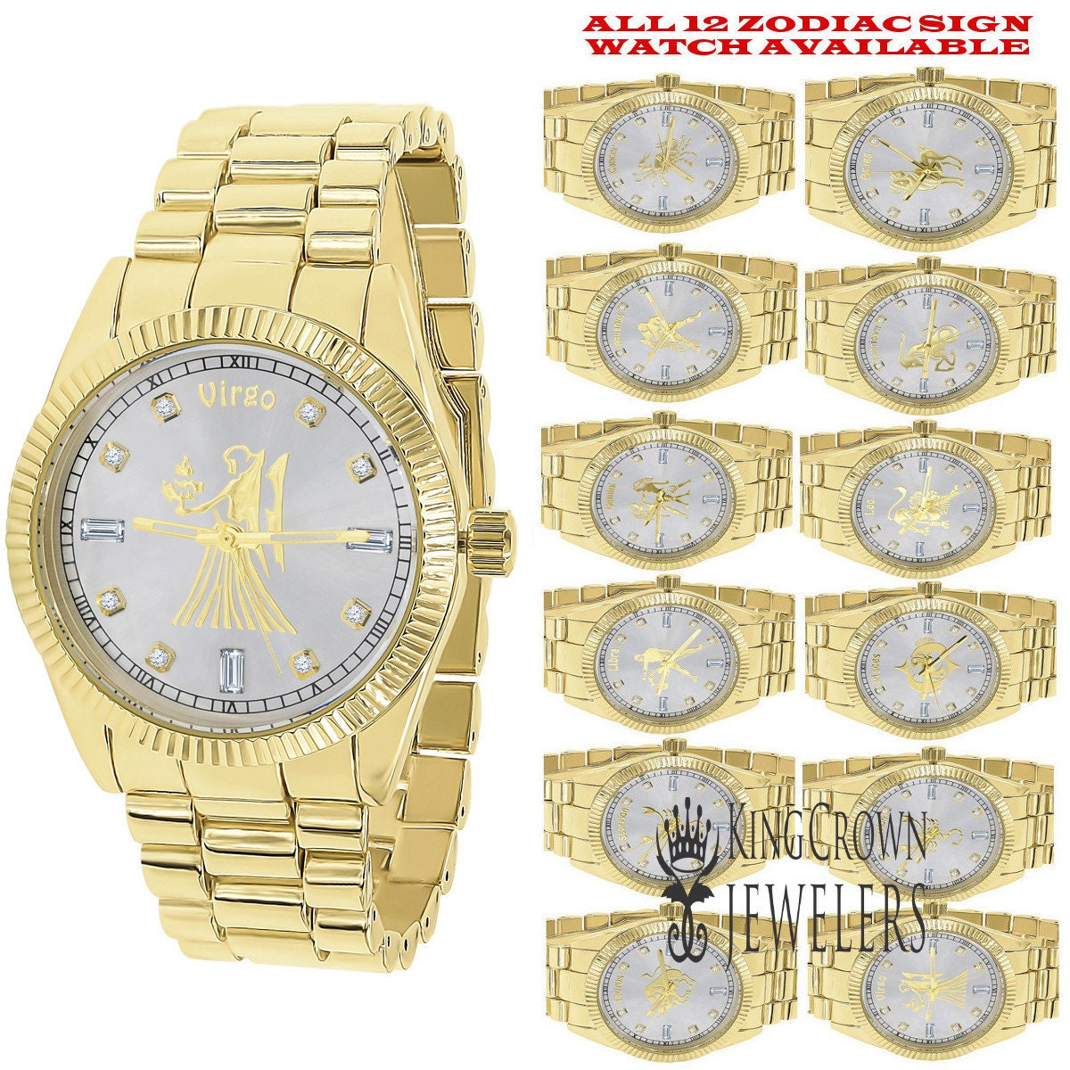 14K Gold Finish Zodiac Sign Virgo Maiden Astrology Horoscope 5 ATM Water Resistant Metal Band Presidential Unisex Custom Watch 40mm