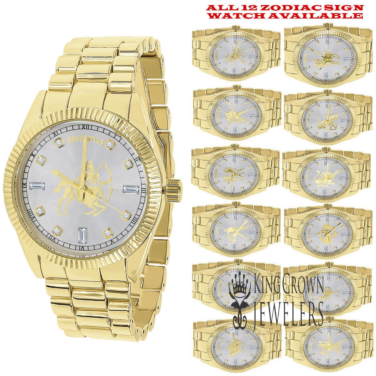 14K Gold Finish Zodiac Sign Sagittarius Archer Astrology Horoscope 5 ATM Water Resistant Metal Band Presidential Unisex Custom Watch 40mm