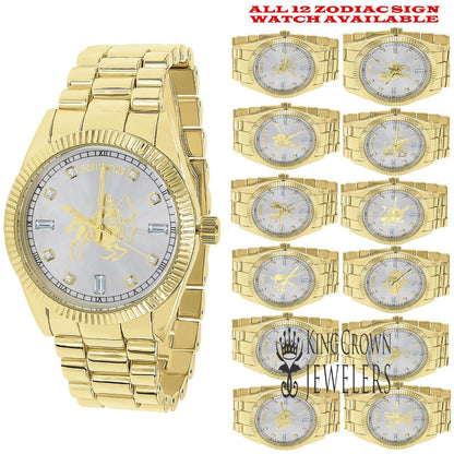 14K Gold Finish Zodiac Sign Sagittarius Archer Astrology Horoscope 5 ATM Water Resistant Metal Band Presidential Unisex Custom Watch 40mm