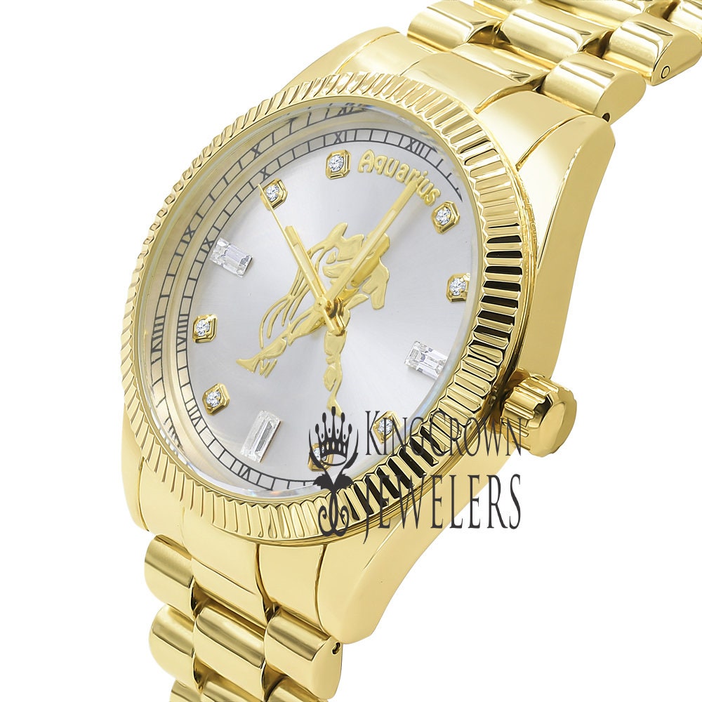 14K Gold Finish Zodiac Sign Aquarius Water Astrology Horoscope 5 ATM Water Resistant Metal Band Presidential Unisex Custom Watch 40mm