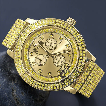 Full Solid Stainless Steel Lemonade Canary Citrine 18K Gold Finish Simulated Diamond 5 ATM Water Resistant Men's Watch With Date Function