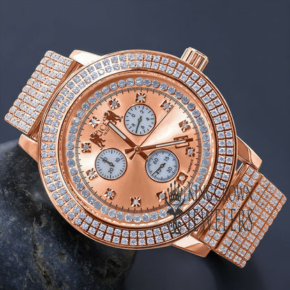 Full Solid Stainless Steel 18K Rose Gold Finish Simulated Diamond 5 ATM Water Resistant Men's Custom Watch With Date Function Big 54mm