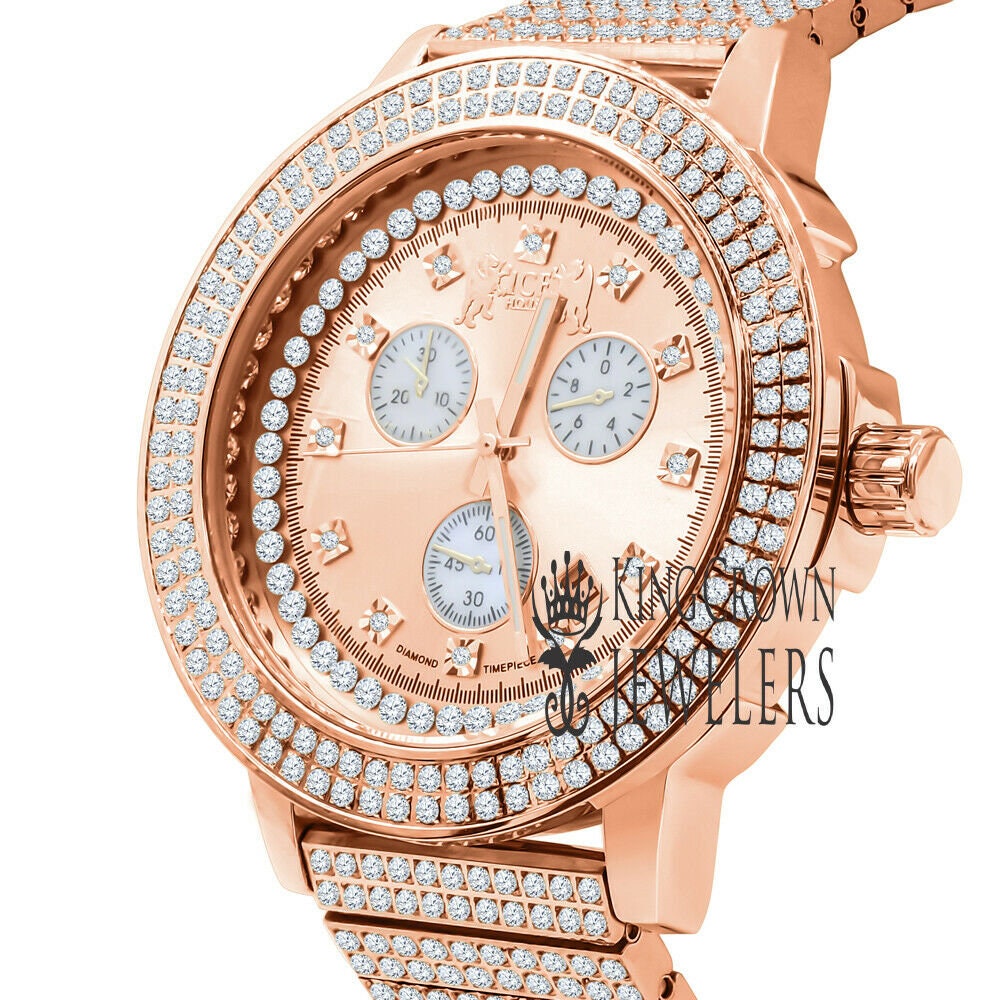 Full Solid Stainless Steel 18K Rose Gold Finish Simulated Diamond 5 ATM Water Resistant Men's Custom Watch With Date Function Big 54mm