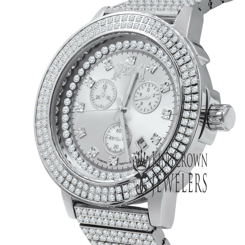 Full Solid Stainless Steel Lemonade 18K White Gold Finish Simulated Diamond 5 ATM Water Resistant Men's Watch With Date Function Big 54 mm
