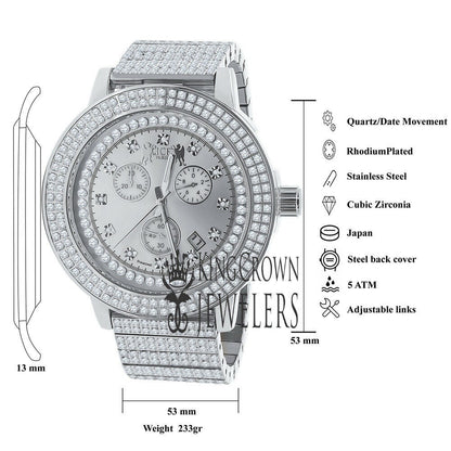 Full Solid Stainless Steel Lemonade 18K White Gold Finish Simulated Diamond 5 ATM Water Resistant Men's Watch With Date Function Big 54 mm