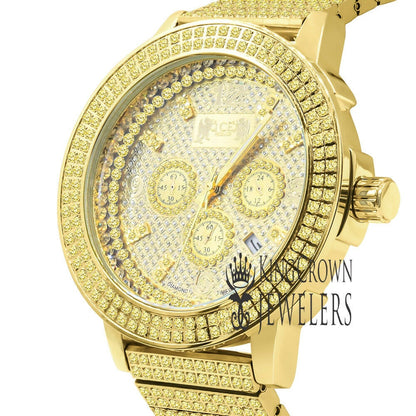 Men's Full Solid Stainless Steel Lemonade Canary Citrine 18K Gold Finish Simulated Diamond 5 ATM Water Resistant Watch With Date Function