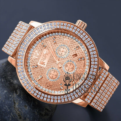 Full Solid Stainless Steel 18K Rose Gold Finish Copper Tone Simulated Diamond 5 ATM Water Resistant Men's Watch With Date Function Big 54 mm