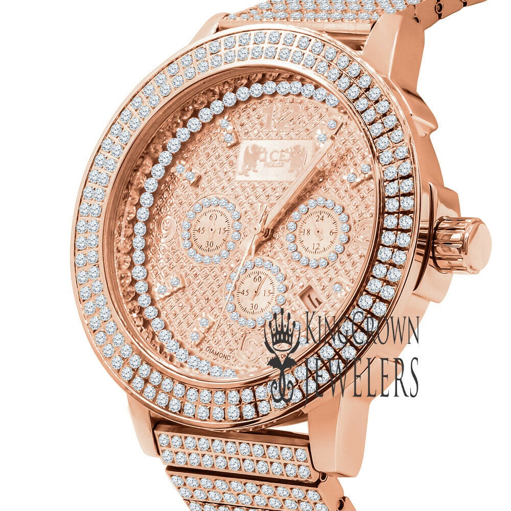 Full Solid Stainless Steel 18K Rose Gold Finish Copper Tone Simulated Diamond 5 ATM Water Resistant Men's Watch With Date Function Big 54 mm
