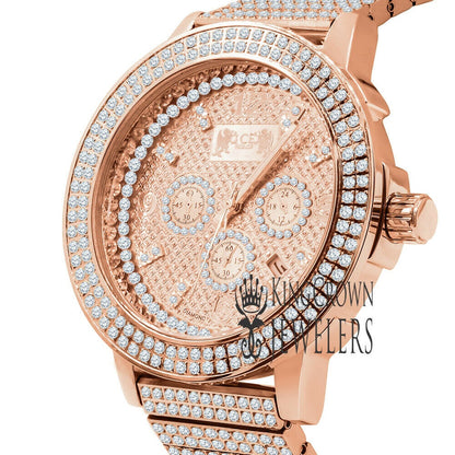 Full Solid Stainless Steel 18K Rose Gold Finish Copper Tone Simulated Diamond 5 ATM Water Resistant Men's Watch With Date Function Big 54 mm