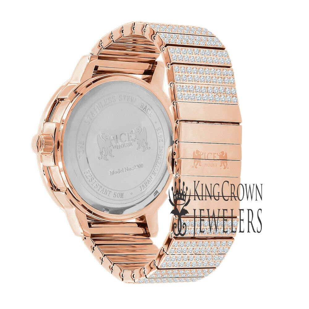 Full Solid Stainless Steel 18K Rose Gold Finish Copper Tone Simulated Diamond 5 ATM Water Resistant Men's Watch With Date Function Big 54 mm