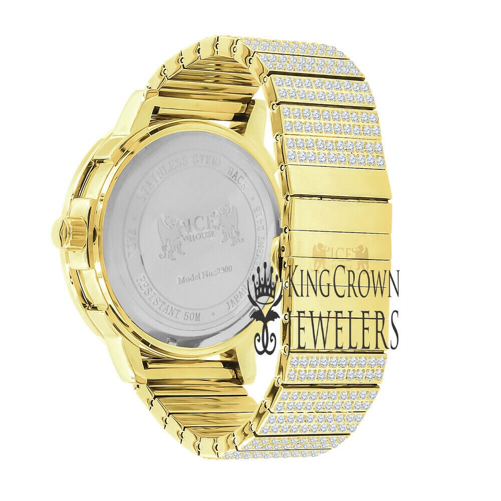 Full Solid Stainless Steel 18K Yellow  Gold Finish Simulated Diamond 5 ATM Water Resistant Men's Luxury Watch With Date Function Big 54 mm