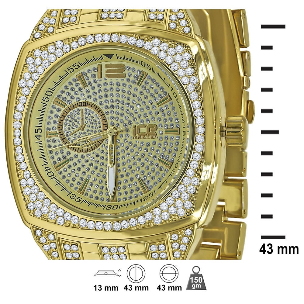 14K Yellow Gold Finish Simulated Diamonds Stainless Steel Back Analog Metal Band Mens Watch