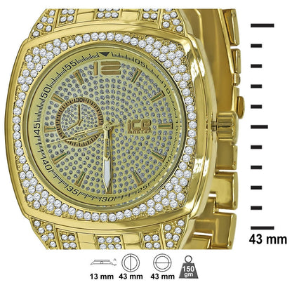 14K Yellow Gold Finish Simulated Diamonds Stainless Steel Back Analog Metal Band Mens Watch