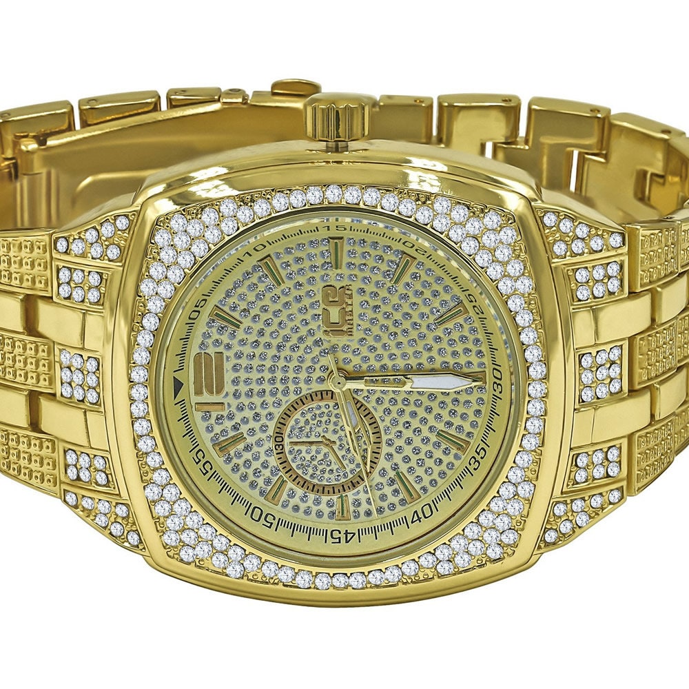 14K Yellow Gold Finish Simulated Diamonds Stainless Steel Back Analog Metal Band Mens Watch