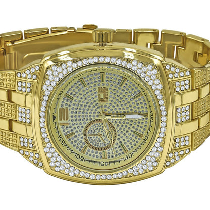14K Yellow Gold Finish Simulated Diamonds Stainless Steel Back Analog Metal Band Mens Watch