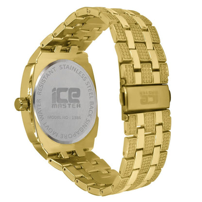 14K Yellow Gold Finish Simulated Diamonds Stainless Steel Back Analog Metal Band Mens Watch