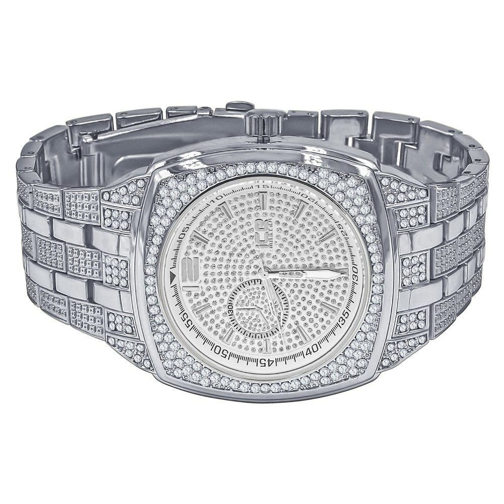 14K White Gold Finish Simulated Diamonds Stainless Steel Back Analog Metal Band Mens Watch