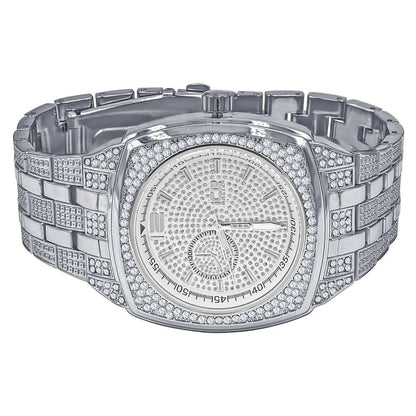 14K White Gold Finish Simulated Diamonds Stainless Steel Back Analog Metal Band Mens Watch