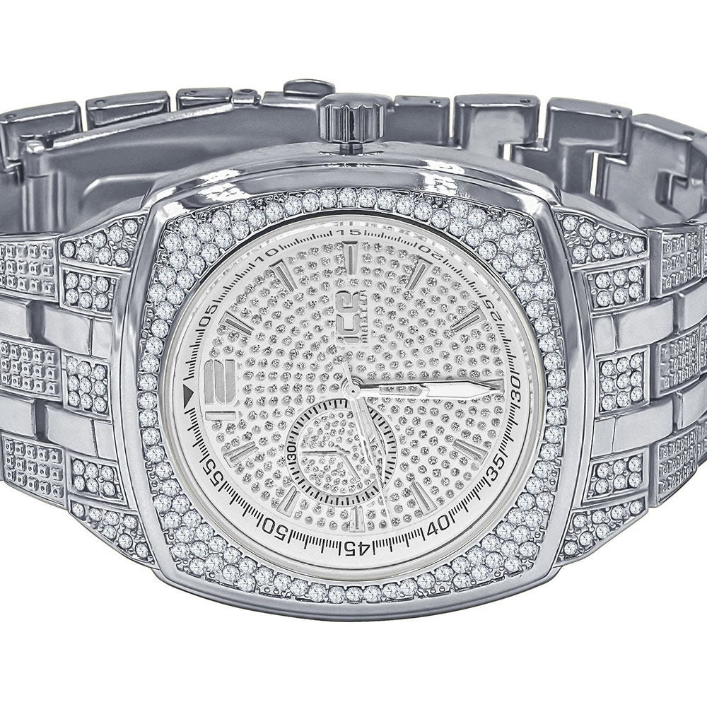 14K White Gold Finish Simulated Diamonds Stainless Steel Back Analog Metal Band Mens Watch