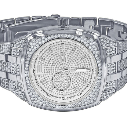 14K White Gold Finish Simulated Diamonds Stainless Steel Back Analog Metal Band Mens Watch