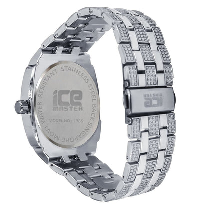 14K White Gold Finish Simulated Diamonds Stainless Steel Back Analog Metal Band Mens Watch