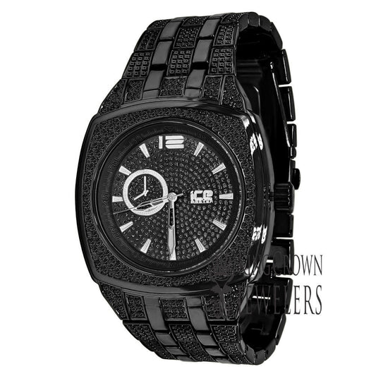 14K Black Gold Finish Simulated Diamonds Stainless Steel Back Analog Metal Band Mens Watch
