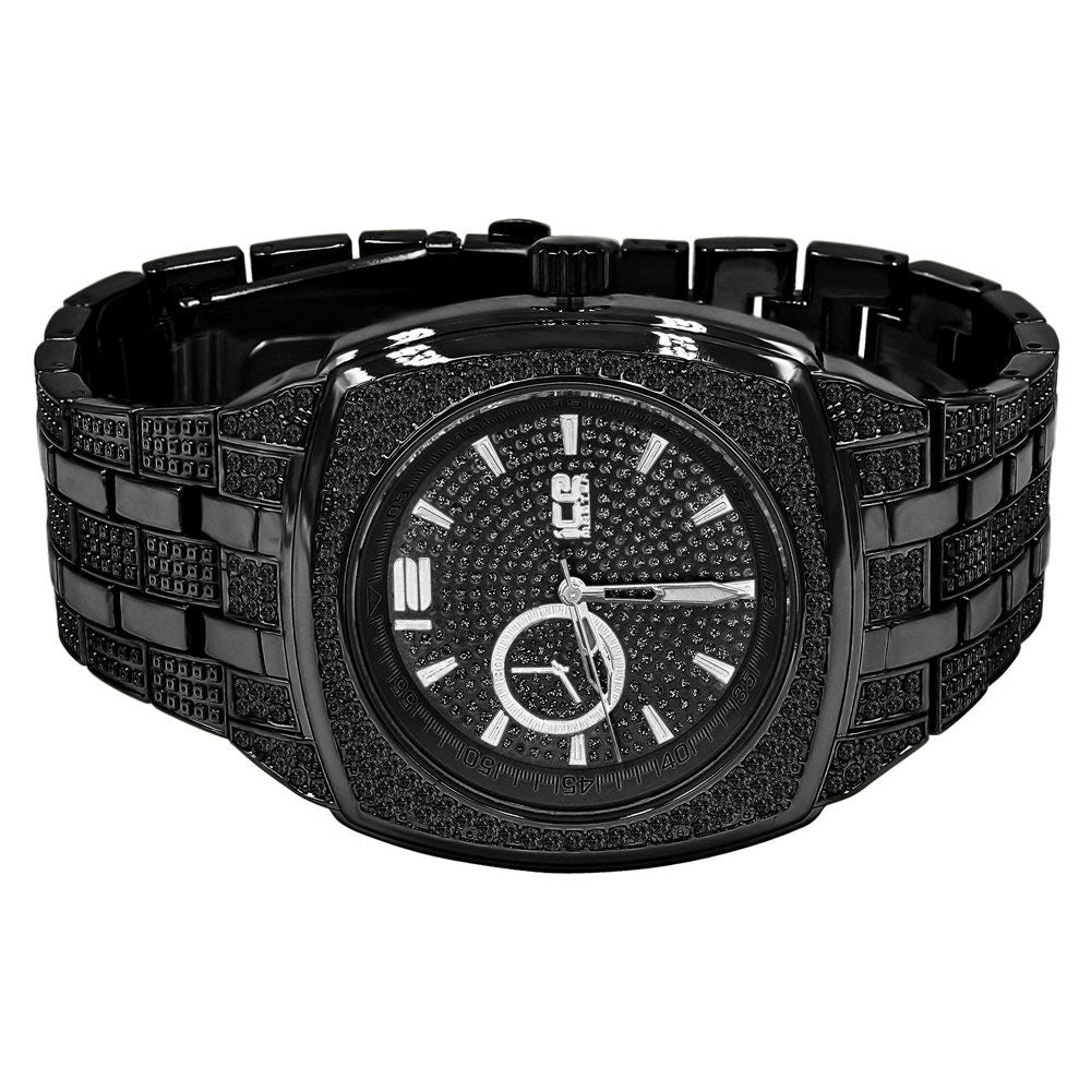 14K Black Gold Finish Simulated Diamonds Stainless Steel Back Analog Metal Band Mens Watch