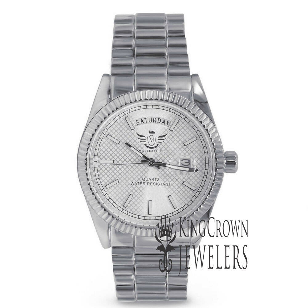 Mens Silver Dial Face 14K White Gold Tone Day/Date Function Solid Steel Back Water Resistance Metal Band Watch