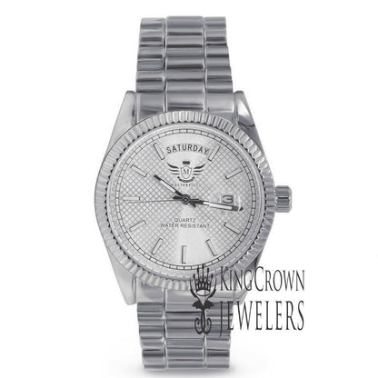 Mens Silver Dial Face 14K White Gold Tone Day/Date Function Solid Steel Back Water Resistance Metal Band Watch