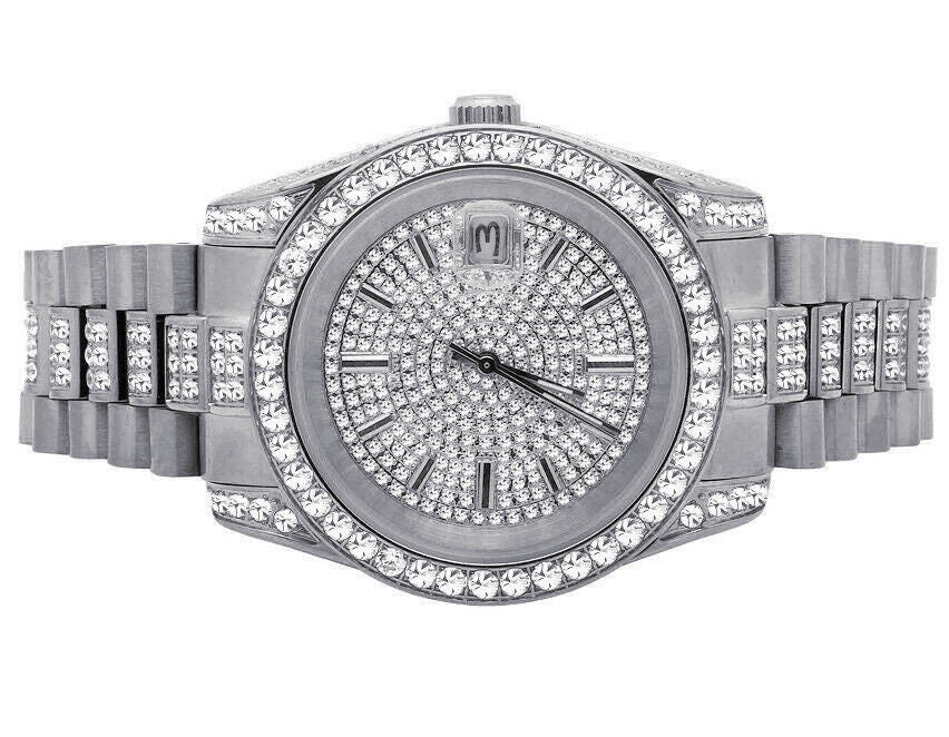18K White Gold Solid Stainless Steel Simulated Diamond Presidential Watch 41MM