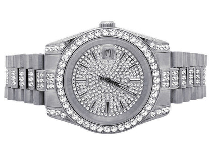18K White Gold Solid Stainless Steel Simulated Diamond Presidential Watch 41MM