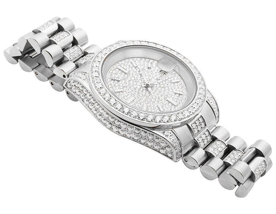 18K White Gold Solid Stainless Steel Simulated Diamond Presidential Watch 41MM