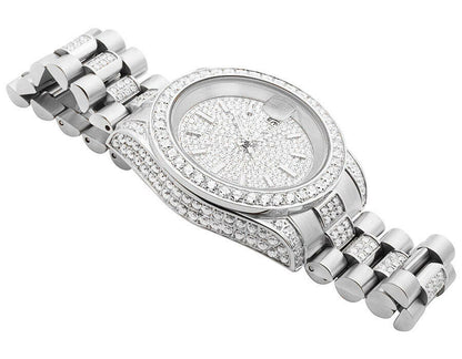 18K White Gold Solid Stainless Steel Simulated Diamond Presidential Watch 41MM
